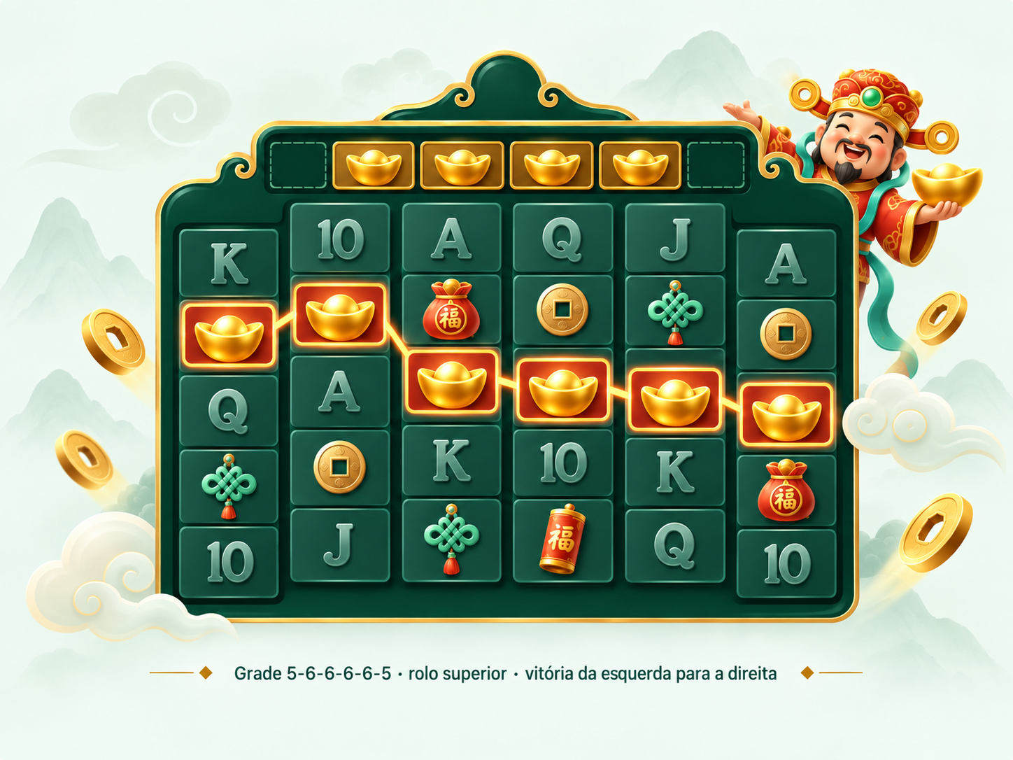 Representação ilustrativa do tabuleiro de Caishen Wins com seis rolos e rolo superior