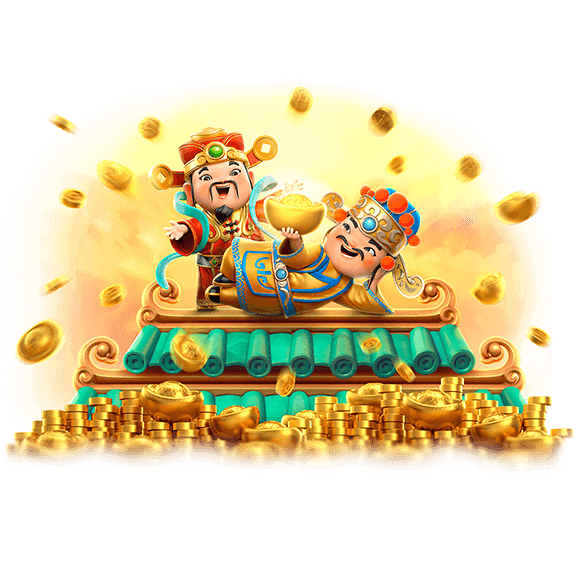 Personagens Caishen em cenário de telhado ornamentado do slot Caishen Wins